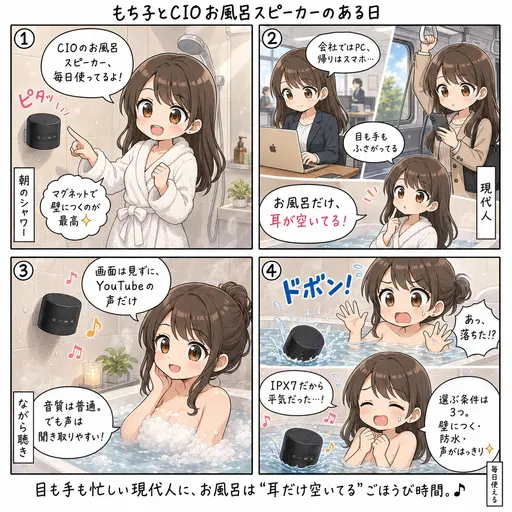 CIOのお風呂スピーカー Portable Bath Speakerは、マグネットで壁につく。湯船にドボンしても平気で、毎日使っている。現代人は耳しか空いていない、という話(4コマ漫画)
