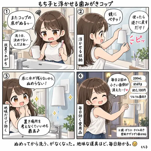 山崎実業towerのフィルムフック マグネットタンブラーで、歯磨きコップを鏡に逆さに浮かせる。ひっくり返すだけでヌルヌルしない、地味だけど毎日効いている愛用品(4コマ漫画)