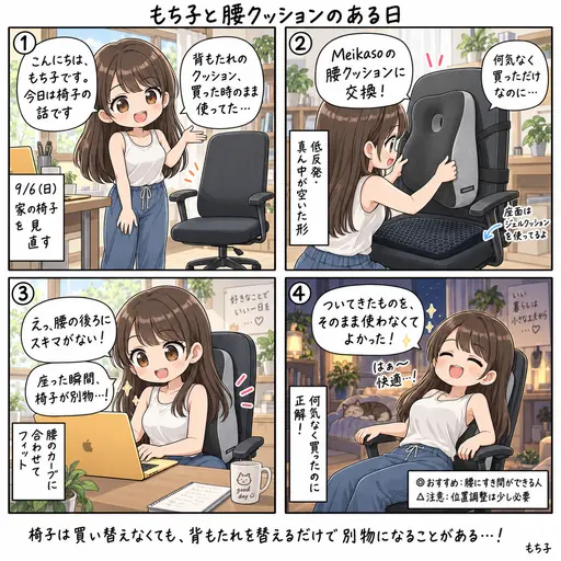 腰クッション(ランバーサポート)に、パソコン椅子の背中のクッションを交換した。何気なく買ったのに正解だった、お尻の次は腰の話(4コマ漫画)