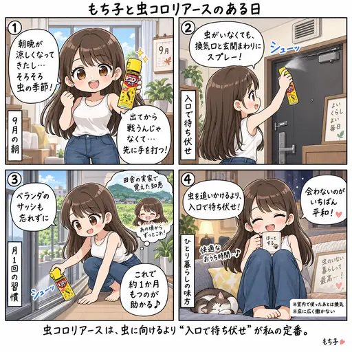虫コロリアース(エアゾール)は、換気口とドアの周りにスプレーしておくだけで虫が寄ってこない。東京でも市部は田舎、虫天国の地元で覚えた月1回の待ち伏せ習慣(4コマ漫画)