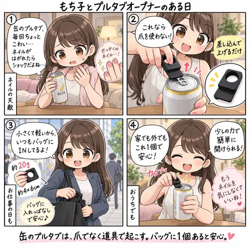 山崎実業towerの持ち運べるキャップ・プルタブオープナーをバッグに入れている。ネイルの爪で缶を開けなくなってから、プルタブが怖くない(4コマ漫画)