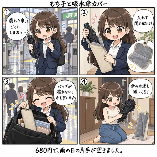 マイクロファイバーの吸水傘カバーで、濡れた折りたたみ傘をバッグの中に入れられるようになった。傘のほうも早く乾く(4コマ漫画)