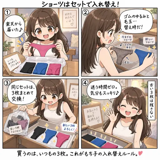 ショーツの買い替え時期は、ゴムが伸びきる前。へたったTバックを楽天でセットごと入れ替えた、下着の入れ替えルール(4コマ漫画)