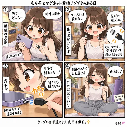 USB-Cケーブルの先にCIOのマグネット変換アダプタを付けたら、充電がカチッで終わるようになった。マグネットケーブルを買わずに、手持ちのケーブルを磁石にした話(4コマ漫画)