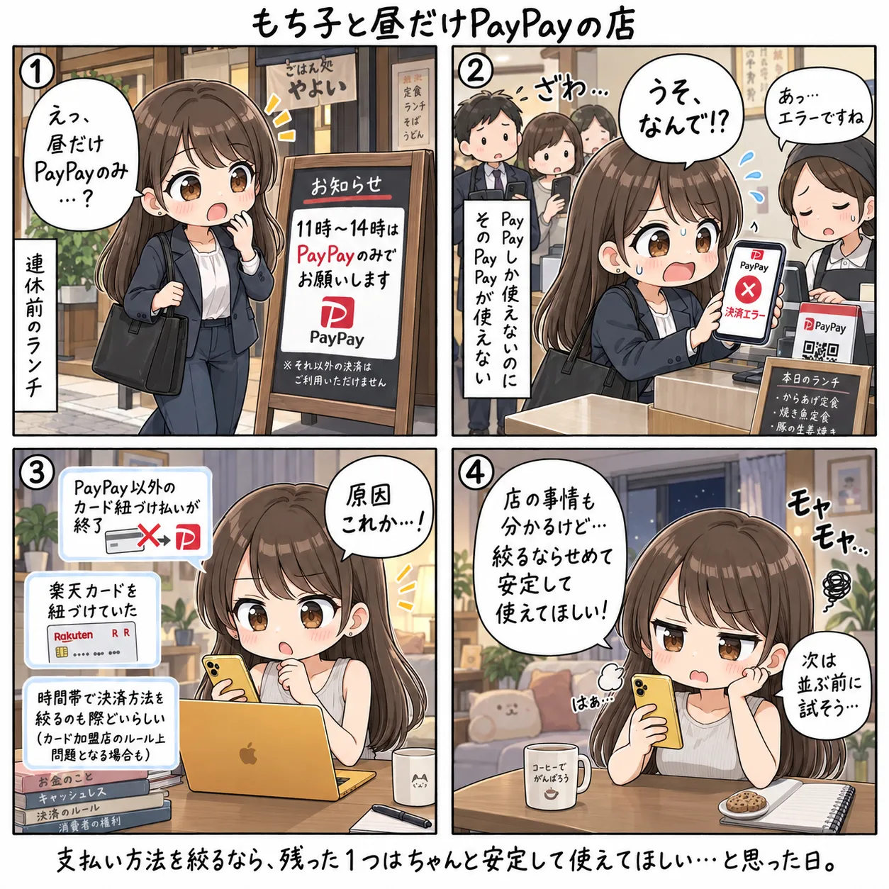 「11時〜14時はPayPayのみ」の貼り紙がある店でランチを注文したもち子。会計でPayPayが決済エラーになり、原因が他社カード紐づけ払いの終了だと気づいて、店の事情も分かるけどせめて安定して使えてほしいとモヤモヤする(4コマ)