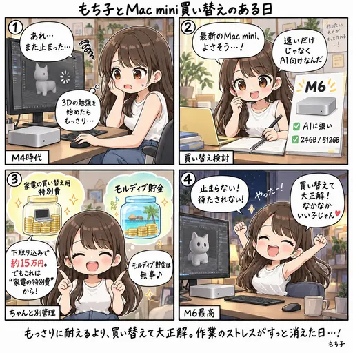 M4のMac miniが、3Dの勉強を始めたらもっさりしてきた。最新のMac miniに買い替えたら大正解で、なかなかいい子じゃん、と思っている話(4コマ漫画)
