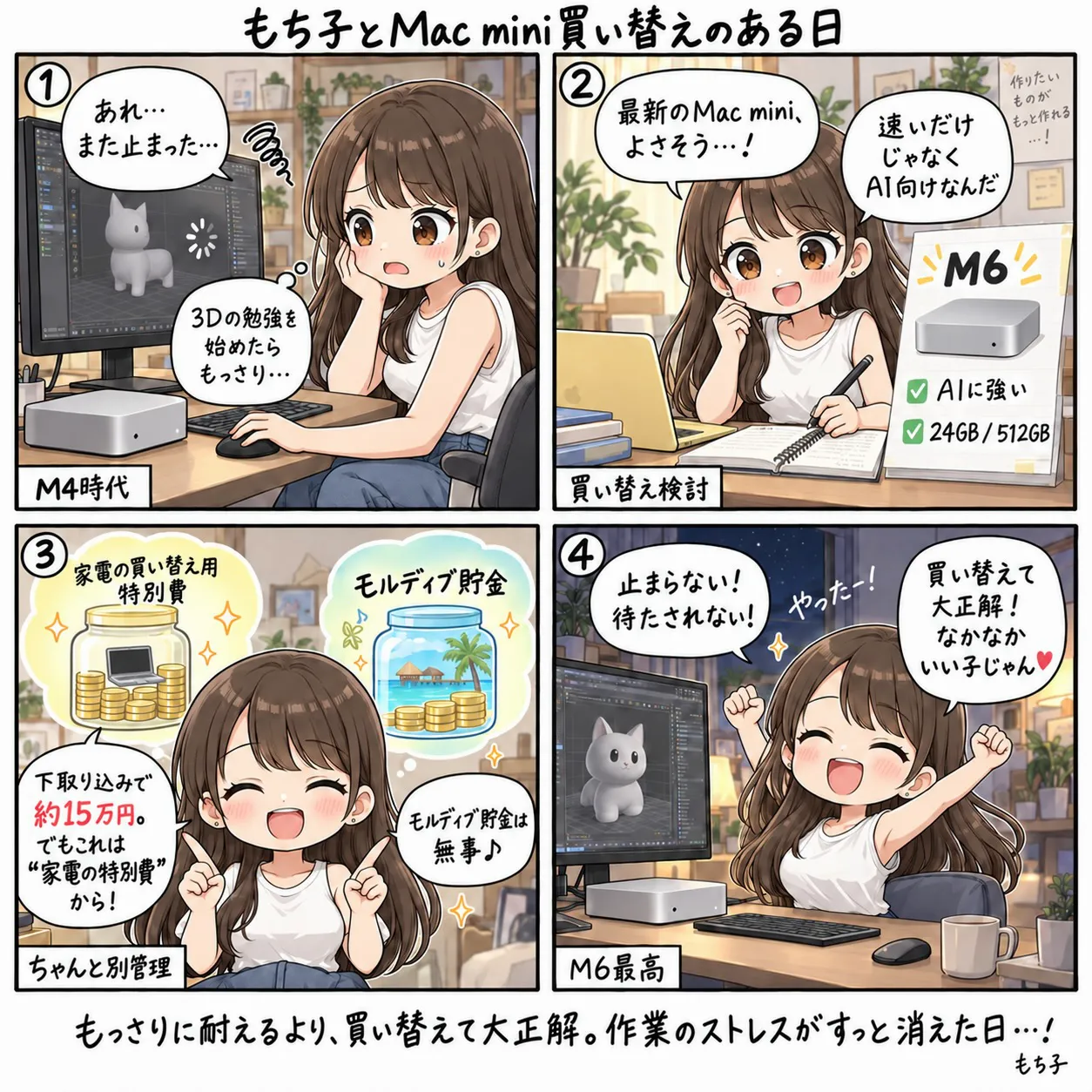 3Dの勉強を始めてM4のMac miniが止まるようになったもち子。AI向けのM6をメモリ24GB・512GBで検討し、下取り込みの約15万円は家電の特別費から出してモルディブ貯金は無事。止まらない・待たされない新しいMac miniに、なかなかいい子じゃんと大喜び(4コマ)