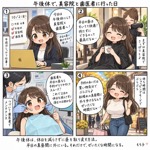 午後休にして美容院と歯医者へ。秋晴れの真昼間に出歩けるって最高。待ち時間はぶらぶら買い物モードで、ぜいたくな時間だった(4コマ漫画)