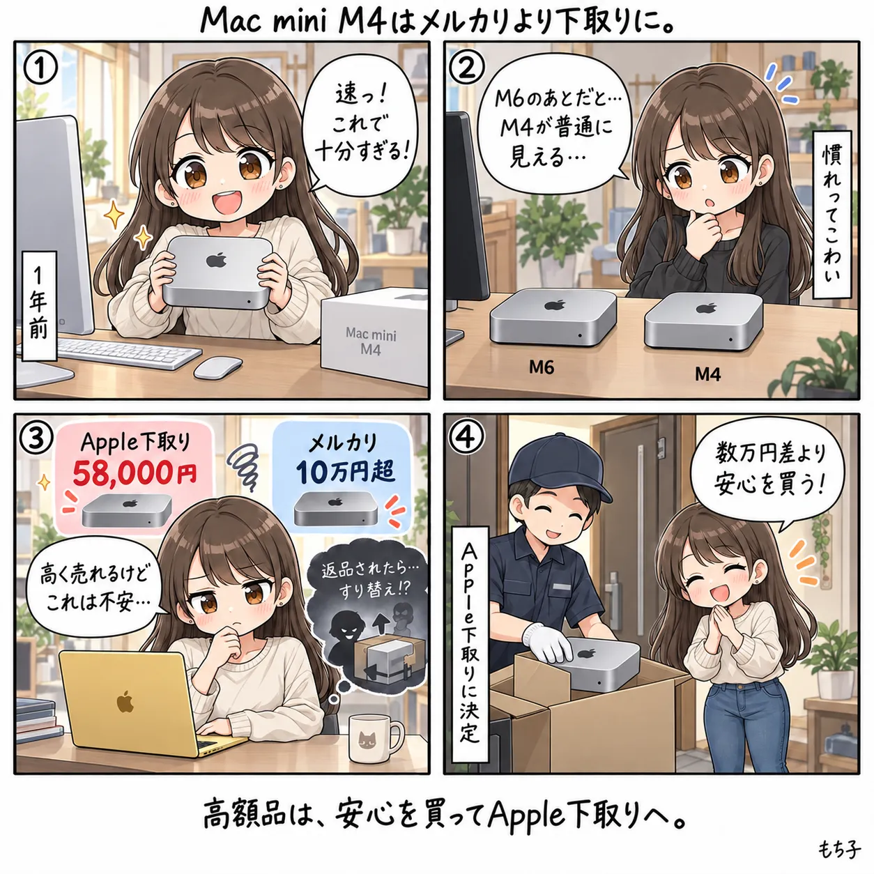 1年前は「速っ!」と喜んだMac mini M4が、M6のあとでは普通に見えてしまうもち子。Apple下取り58,000円とメルカリ10万円超で迷うけれど、返品でのすり替えが不安。宅配業者さんがその場で梱包してくれて、数万円差より安心を買うことに(4コマ)