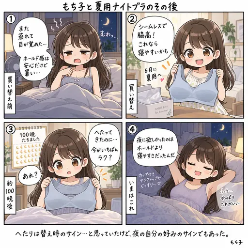 夏用ナイトブラは、へたってきたときがいちばん心地よかった。シームレス脇高を約100晩着けて、夜に欲しかったのはホールドより寝やすさだと気づいた話(4コマ漫画)