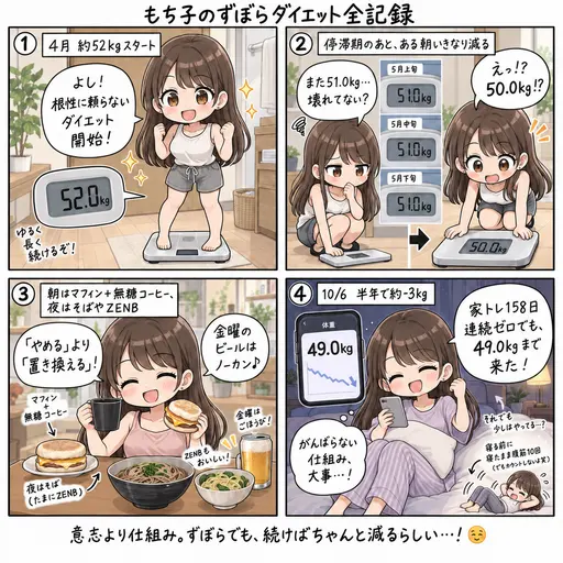 ずぼらダイエット全記録。家トレは158日ゼロ、体重計とは3週間にらめっこ、金曜のビールは法律で守った。それでも約3kg減った半年間の話(4コマ漫画)