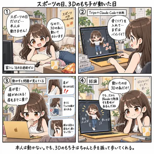 スポーツの日なので、3Dのもち子を動かしてみた。家トレ164日ゼロの本人の代わりに、手を振って歩いてくれました(4コマ漫画)
