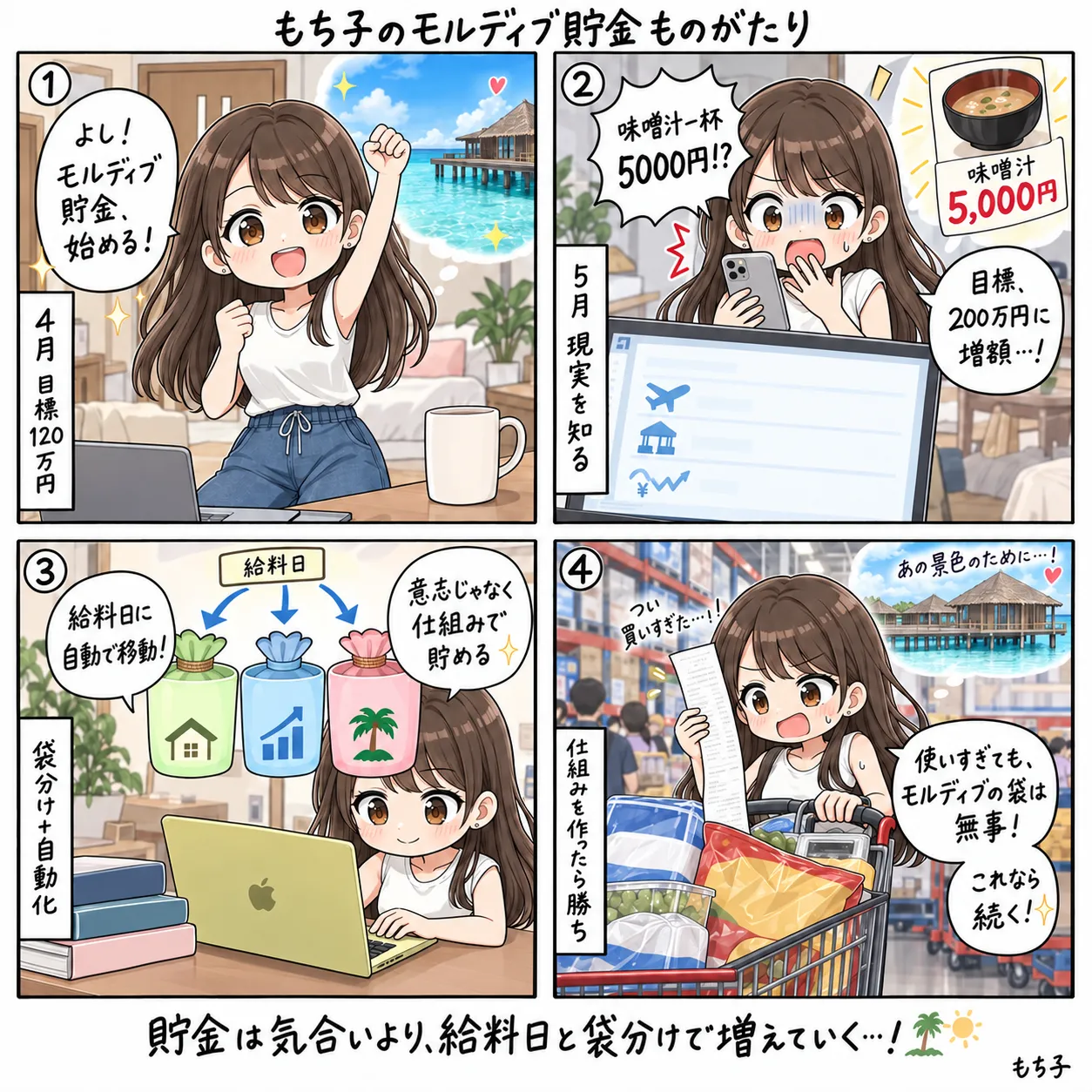 4月に目標120万円でモルディブ貯金を始めたもち子。5月に味噌汁一杯5,000円を知って目標を200万円に増額。給料日に3つの袋へ自動で移して、意志ではなく仕組みで貯める。コストコで買いすぎても、モルディブの袋は無事(4コマ)
